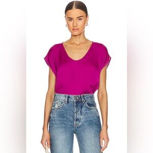 Boston Proper short sleeve scoop neck satin top in a vibrant magenta color 8